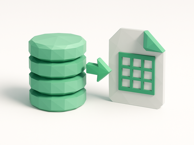 Make.com Veri Deposu'ndan Google E-Tablolar'a veri aktarımını gösteren, elektronik tablo dosyası simgesine işaret eden bir ok ile 3D nane yeşili veritabanı yığını