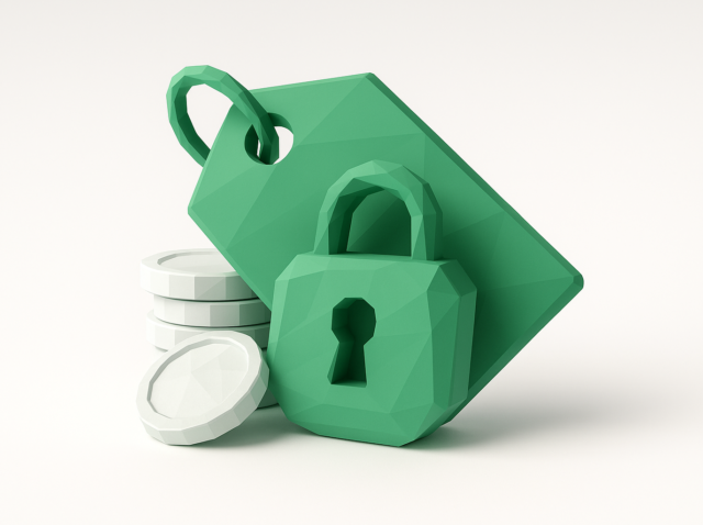 Make.com fiyatlandırmasını, kilitli ücretleri ve 2026 hayatta kalma kılavuzu için gizli maliyetleri simgeleyen, üst üste dizilmiş paraların yanında yeşil fiyat etiketi ve asma kilit