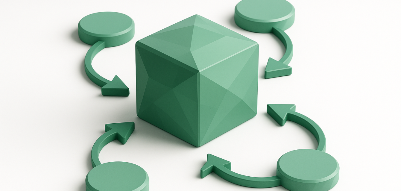 Make.com Scenarios Visual - Central Module with Connected Workflow Arrows Green 3D cube representing a central Make.com module surrounded by circular nodes and curved arrows, illustrating automated scenario workflows and integrations.