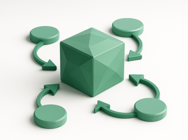 Otomatikleştirilmiş senaryo iş akışlarını ve entegrasyonları gösteren, dairesel düğümler ve kavisli oklarla çevrili merkezi bir Make.com modülünü temsil eden yeşil 3D küp.