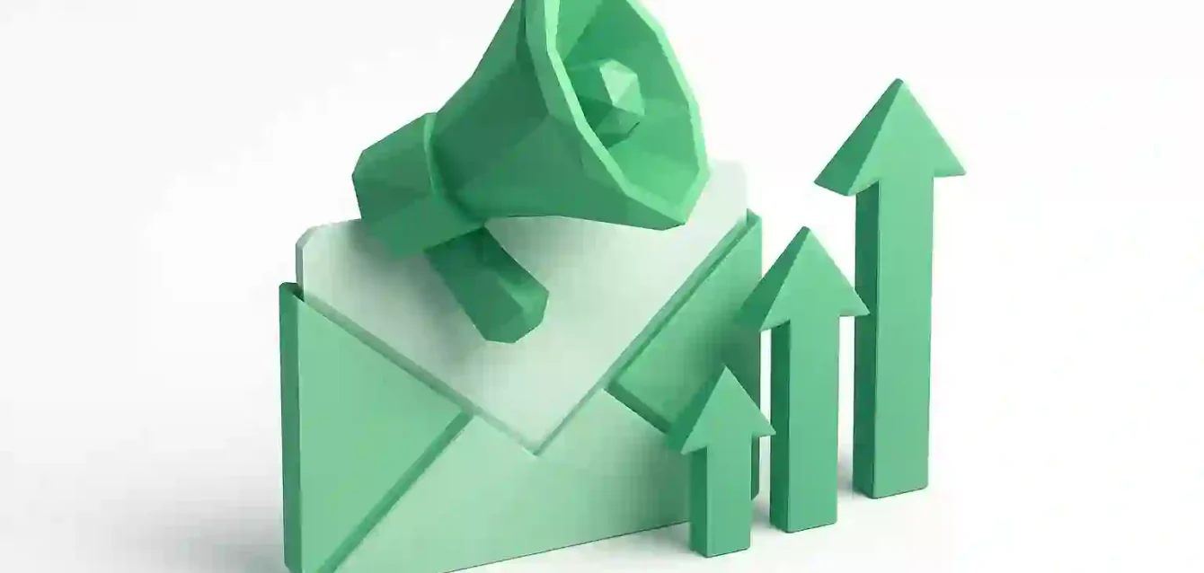 3D green envelope with a megaphone and rising arrows symbolizing cold outreach email campaigns and growth in 2026