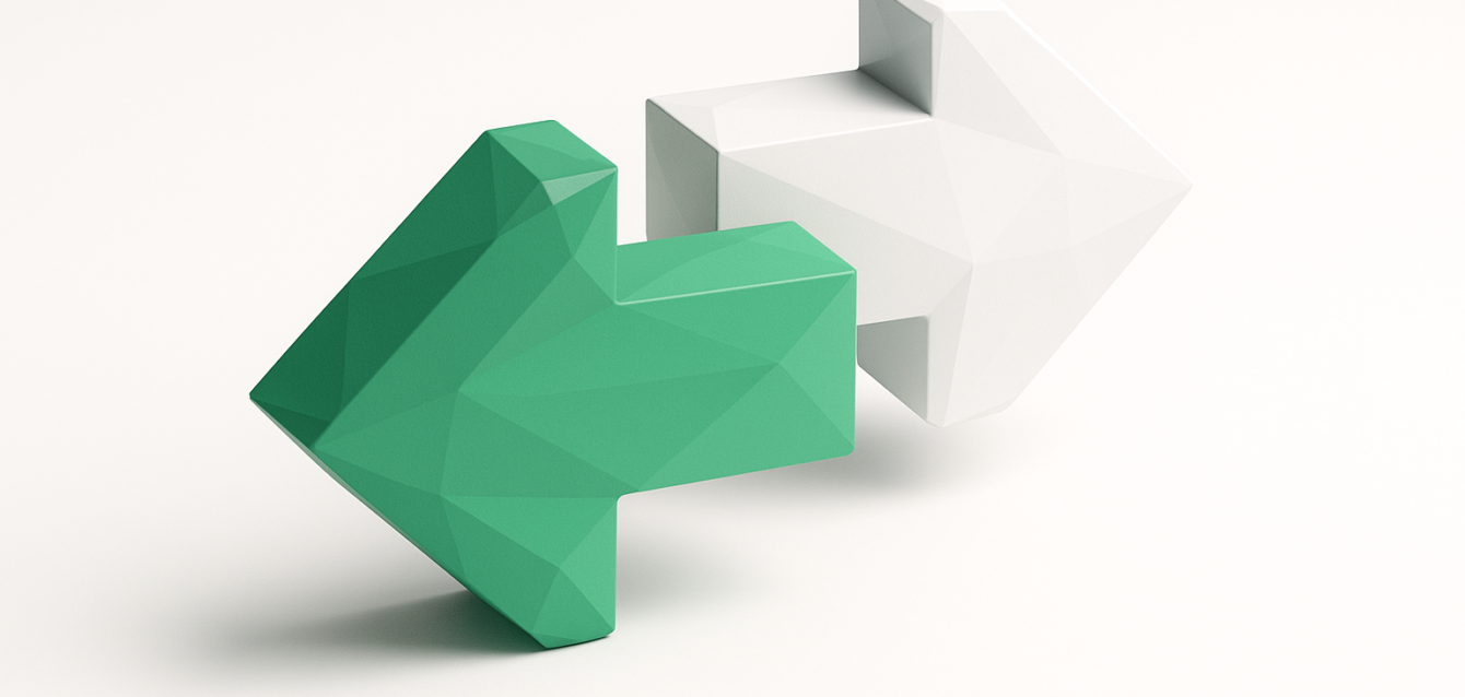Faceted 3D green and white arrows on a neutral background, symbolizing migration and data flow from Zapier to n8n for enterprise migration.