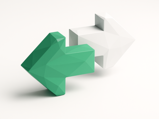 Kurumsal geçiş için Zapier'den n8n'e geçişi ve veri akışını simgeleyen nötr bir arka plan üzerinde yönlü 3D yeşil ve beyaz oklar.