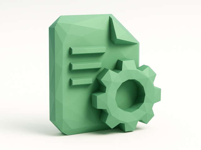 Low-poly green document icon with a gear, symbolizing n8n custom node development and workflow automation (n8n Custom Node Development Guide 2026)