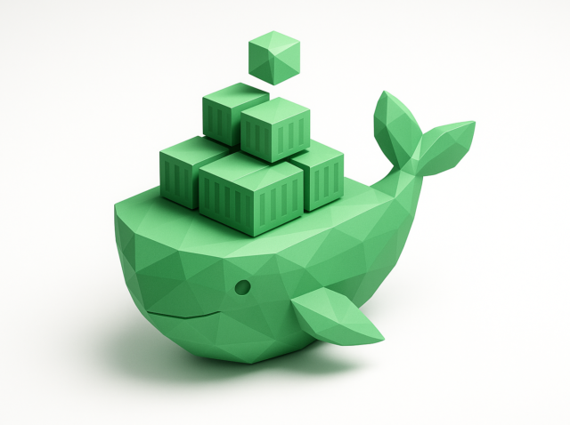 Kendi kendine barındırma ve ölçeklenebilir iş akışları için Docker'da çalışan n8n'i simgeleyen, istiflenmiş konteynerleri taşıyan düşük poli yeşil Docker balinası