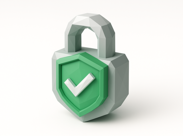 n8n kurumsal güvenlik ve özel otomasyonu temsil eden yeşil kalkanlı ve beyaz onay işaretli stilize asma kilit