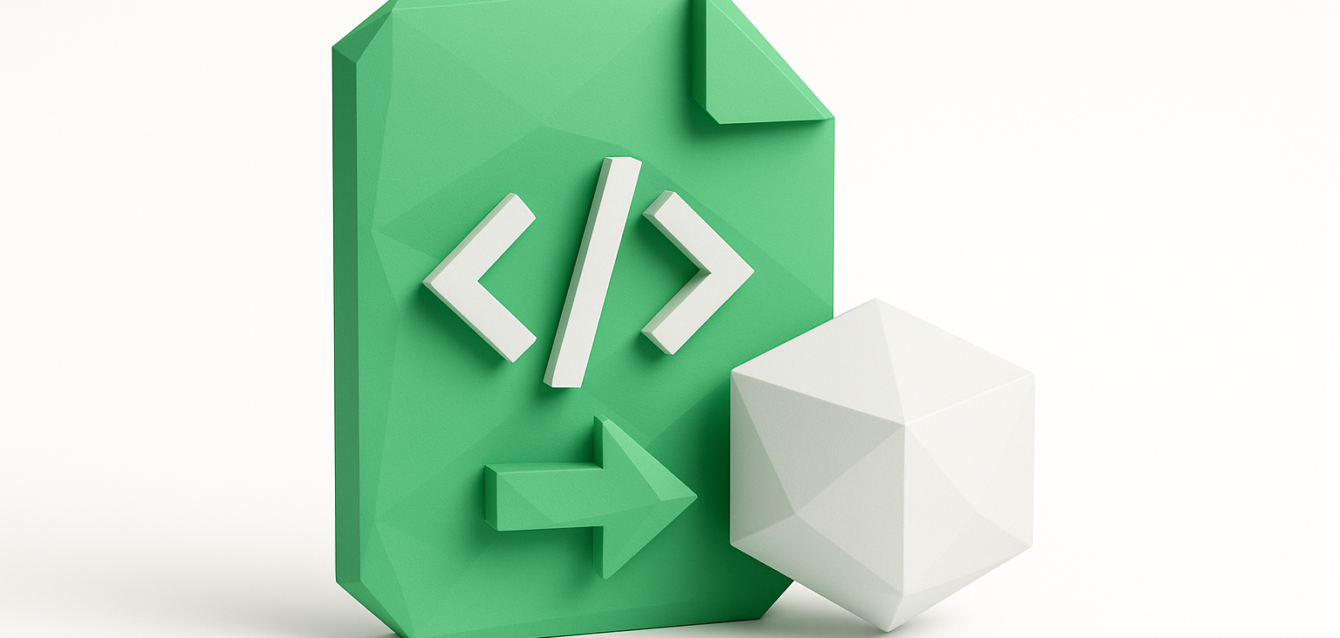 n8n Expressions and Variables - Code Document Icon with Data Cube 3D green document with code brackets and an arrow beside a white geometric cube, symbolizing n8n expressions and variables in automation workflows