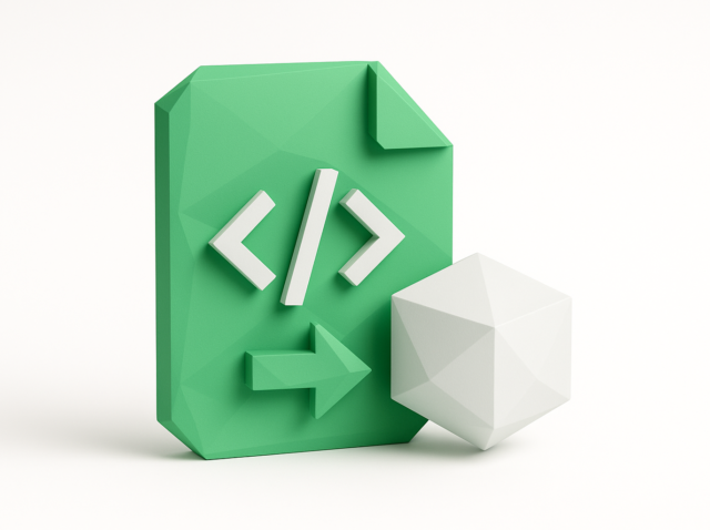 Otomasyon iş akışlarındaki n8n ifadelerini ve değişkenlerini simgeleyen beyaz geometrik bir küpün yanında kod parantezleri ve bir ok bulunan 3B yeşil belge