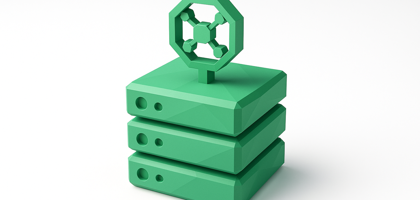 Green three-tier server stack with an automation/network icon on top, symbolizing n8n self-hosted infrastructure and production-ready server requirements for 2026.