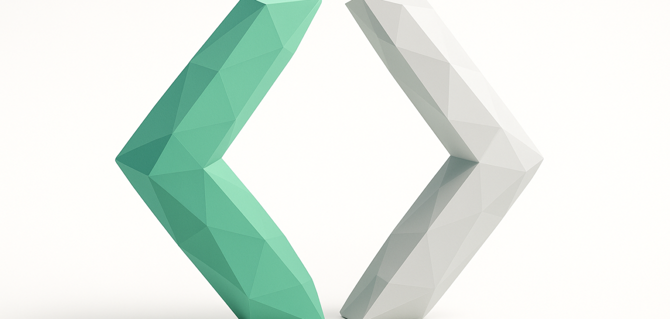 n8n vs Make.com 2026 - Automation Platforms Comparison Low-poly green and gray chevrons facing each other, symbolizing a head-to-head comparison between n8n and Make.com automation platforms in 2026