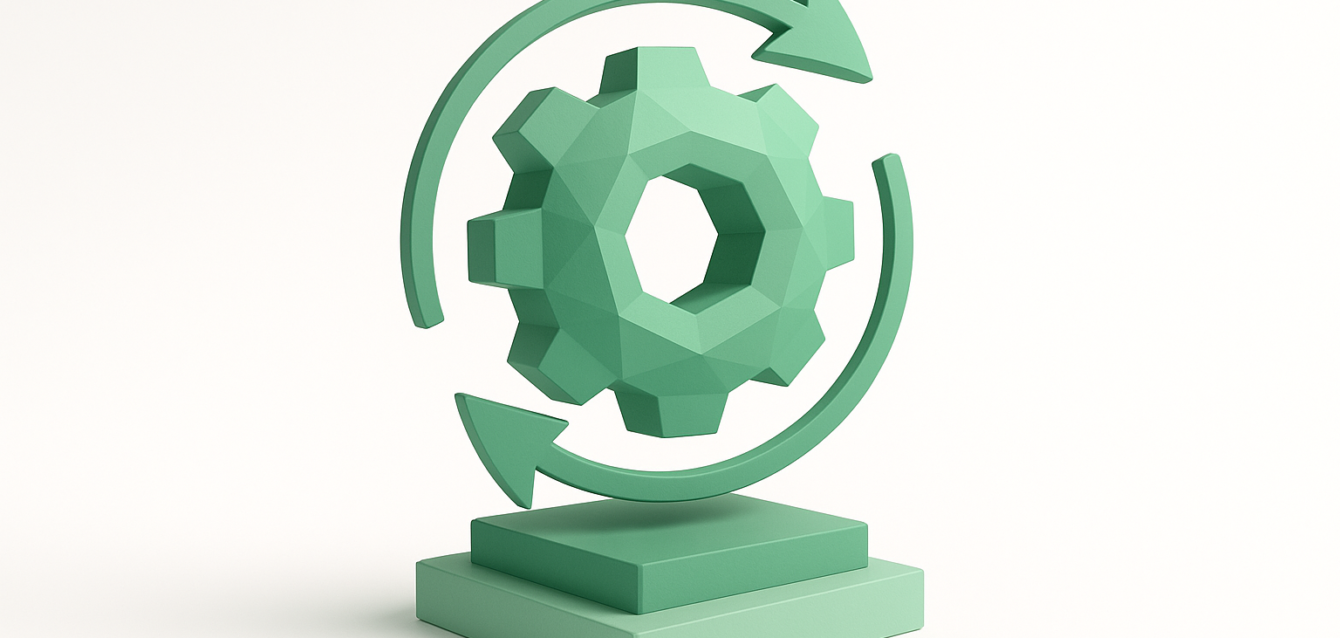Open Source Automation Gear - Own Your Stack Green low-poly gear with circular arrows on a pedestal, symbolizing open source automation and owning your technology stack