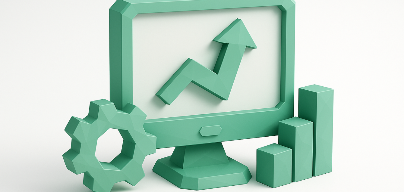 3D green monitor with an upward trend arrow, gear icon and bar chart symbolizing AI-driven developer workflow optimization and automation