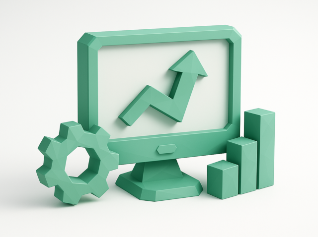 3D green monitor with an upward trend arrow, gear icon and bar chart symbolizing AI-driven developer workflow optimization and automation