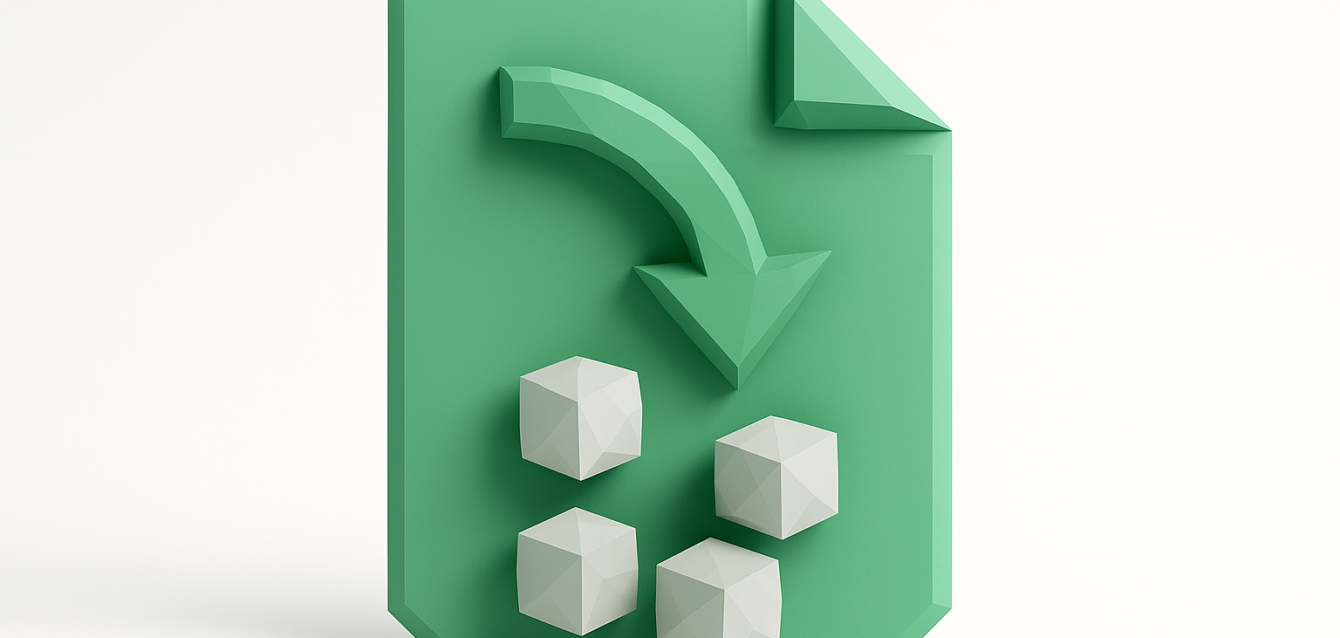 Parse Complex JSON in Make.com — Document Icon with Arrow and Data Cubes Green document icon with a curved downward arrow dividing into four white 3D cubes, representing parsing complex JSON data in Make.com.