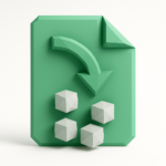 Parse Complex JSON in Make.com — Practical Guide 4 Green document icon with a curved downward arrow dividing into four white 3D cubes, representing parsing complex JSON data in Make.com.