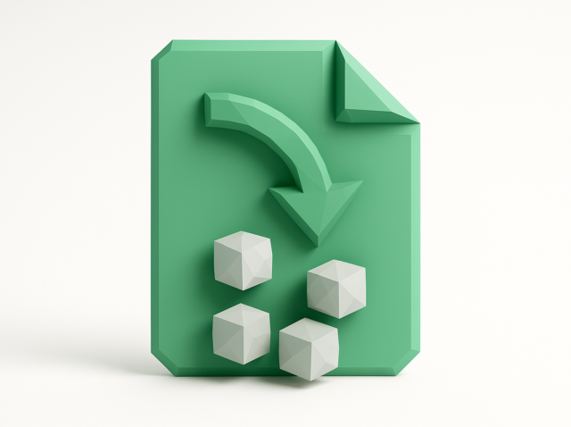 Make.com'da karmaşık JSON verilerinin ayrıştırılmasını temsil eden, dört beyaz 3B küpe bölünen aşağı doğru kavisli bir oka sahip yeşil belge simgesi.