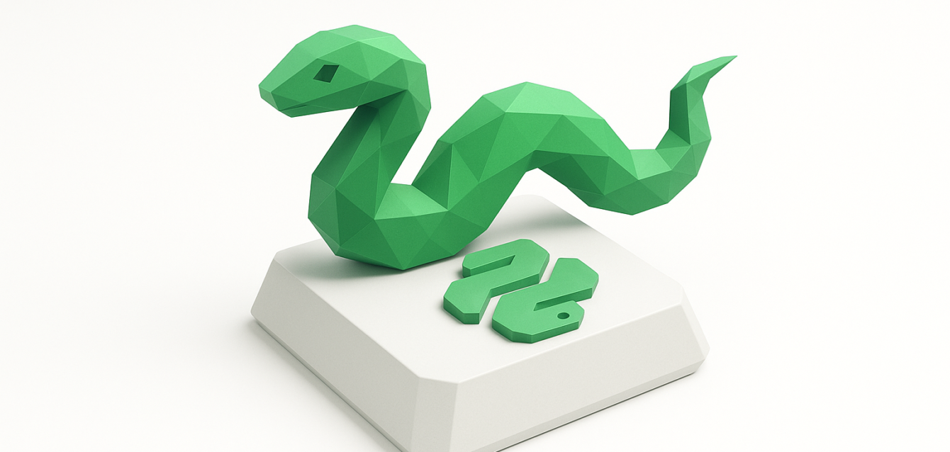 Running Python Scripts in Zapier - Low-Poly Python Snake on Keyboard Key Low-poly green Python snake on a white keyboard key with a Python logo symbol, symbolizing running Python scripts in Zapier automation