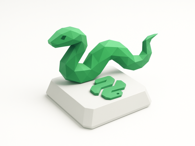 Low-poly green Python snake on a white keyboard key with a Python logo symbol, symbolizing running Python scripts in Zapier automation