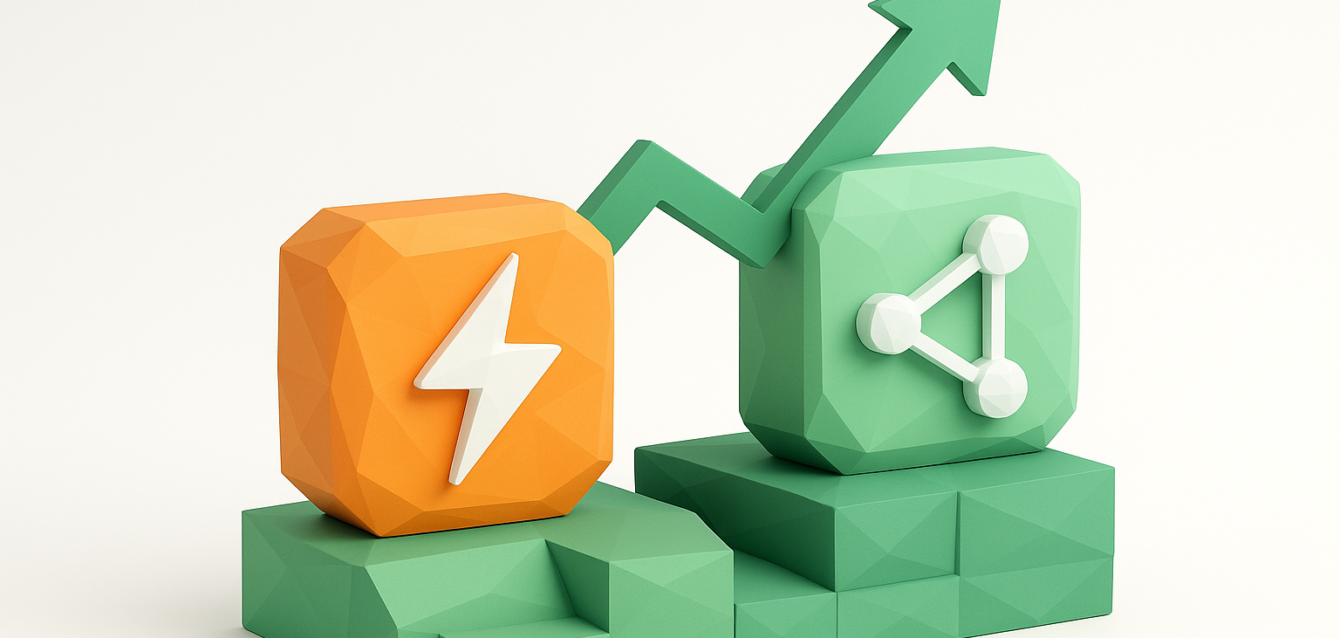 Zapier vs n8n - Ölçeklendirme Otomasyonları: Maliyet ve Kontrol Zapier ve n8n ölçeklendirme otomasyonlarını, maliyeti ve kontrolü temsil eden turuncu bir yıldırım simgesi ve yukarı oklu basamaklı bloklar üzerinde yeşil bir düğüm paylaşımı simgesinin 3B çizimi