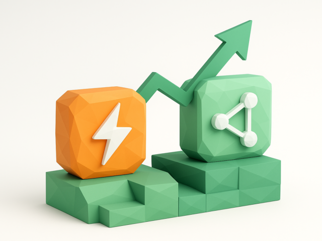 3D illustration of an orange lightning icon and a green node-share icon on stepped blocks with an upward arrow, representing Zapier vs n8n scaling automations, cost and control