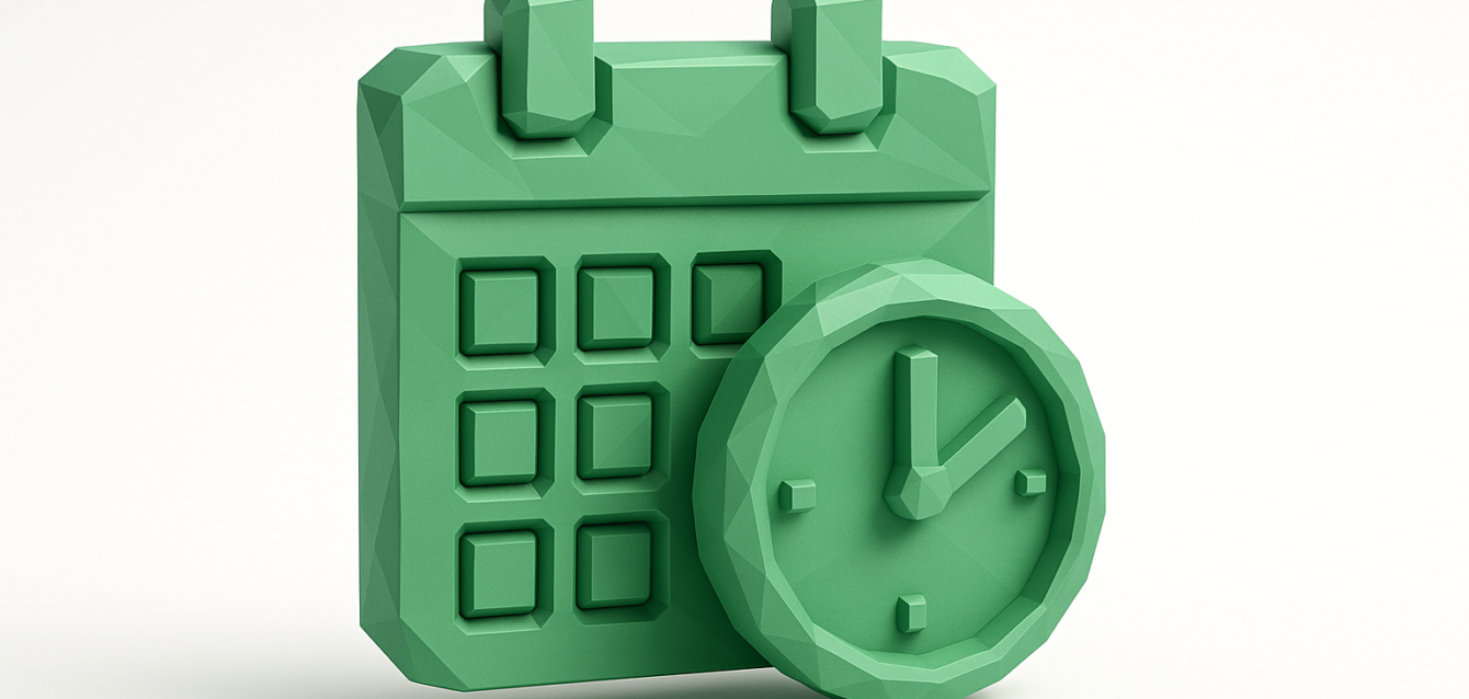 Green low-poly calendar and clock icon representing scheduled n8n workflows and Cron job timing