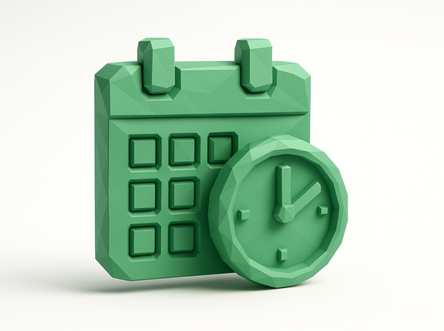 Zamanlanmış n8n iş akışlarını ve Cron iş zamanlamasını temsil eden yeşil düşük poli takvim ve saat simgesi