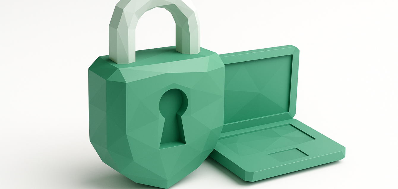 Securing AI Code Generators: Padlock and Laptop Visual for Risks & Fixes Low-poly green padlock with keyhole beside an open laptop, symbolizing cybersecurity and protection of AI code generators