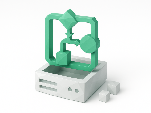 Beyaz bir sunucu kutusunun üzerinde yüzen 3D yeşil n8n iş akışı simgesi, Demiryolunda kendi kendine barındırma n8n için kavramsal illüstrasyon