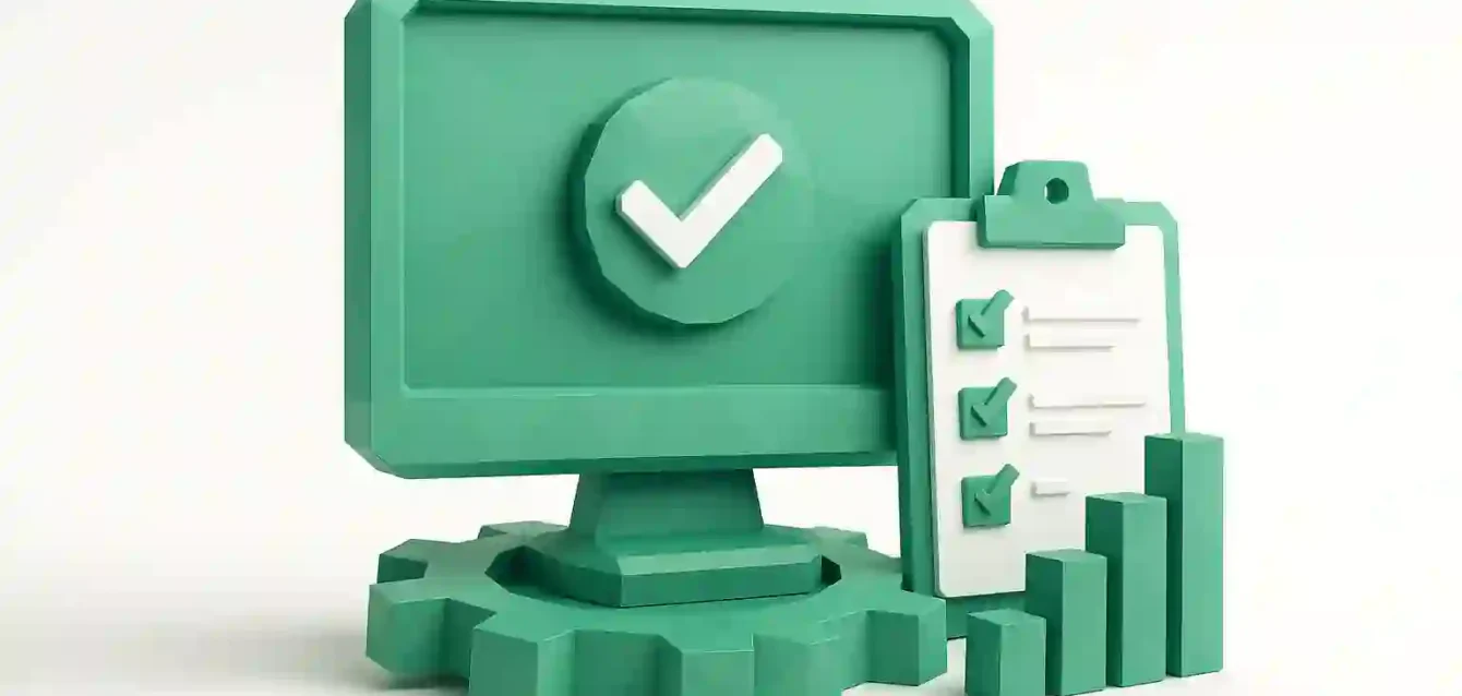 Teal 3D illustration of a computer monitor with a checkmark, a clipboard checklist with checked items, a gear base and rising bar chart representing workflow automation and optimization for small businesses in 2026.