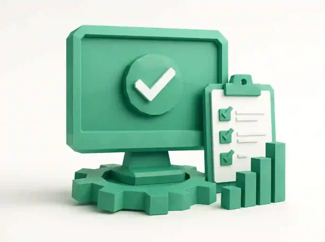 2026'da küçük işletmeler için iş akışı otomasyonu ve optimizasyonunu temsil eden, üzerinde onay işareti bulunan bir bilgisayar monitörü, kontrol edilmiş öğeler içeren bir pano kontrol listesi, bir dişli tabanı ve yükselen çubuk grafikten oluşan deniz mavisi 3D illüstrasyon.