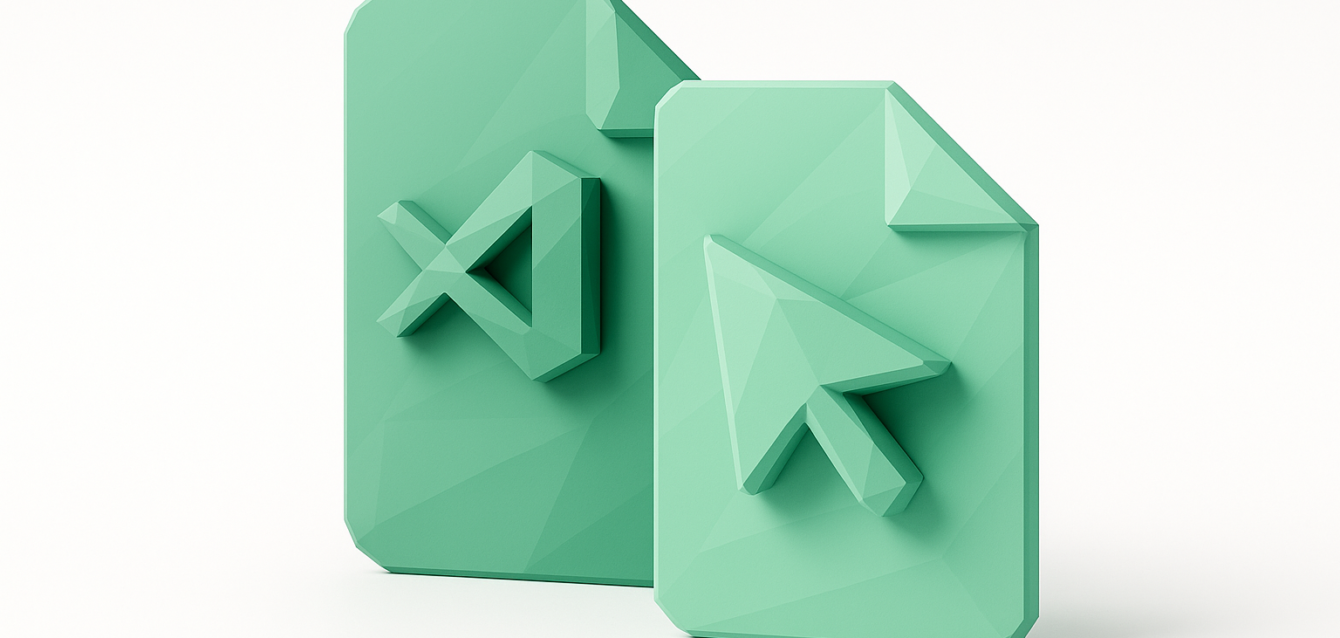 Switching from VS Code to Cursor — 2026 Guide: 3D File Icons 3D mint-green file icons with a VS Code–style logo and a cursor arrow, symbolizing switching from VS Code to Cursor for developers (2026 guide)