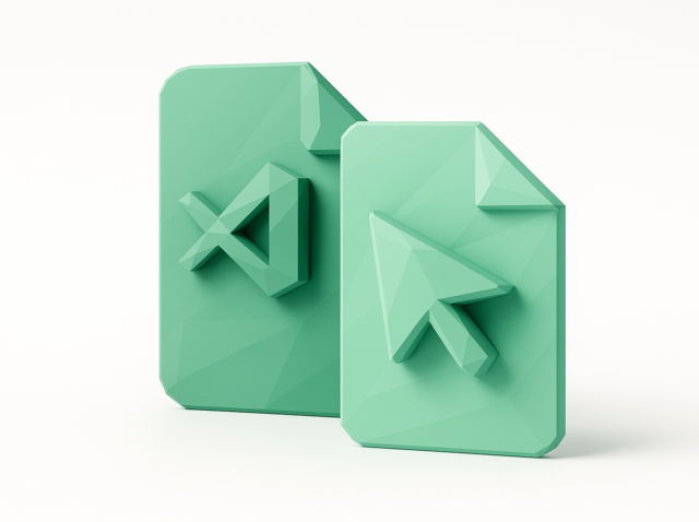 3D mint-green file icons with a VS Code–style logo and a cursor arrow, symbolizing switching from VS Code to Cursor for developers (2026 guide)