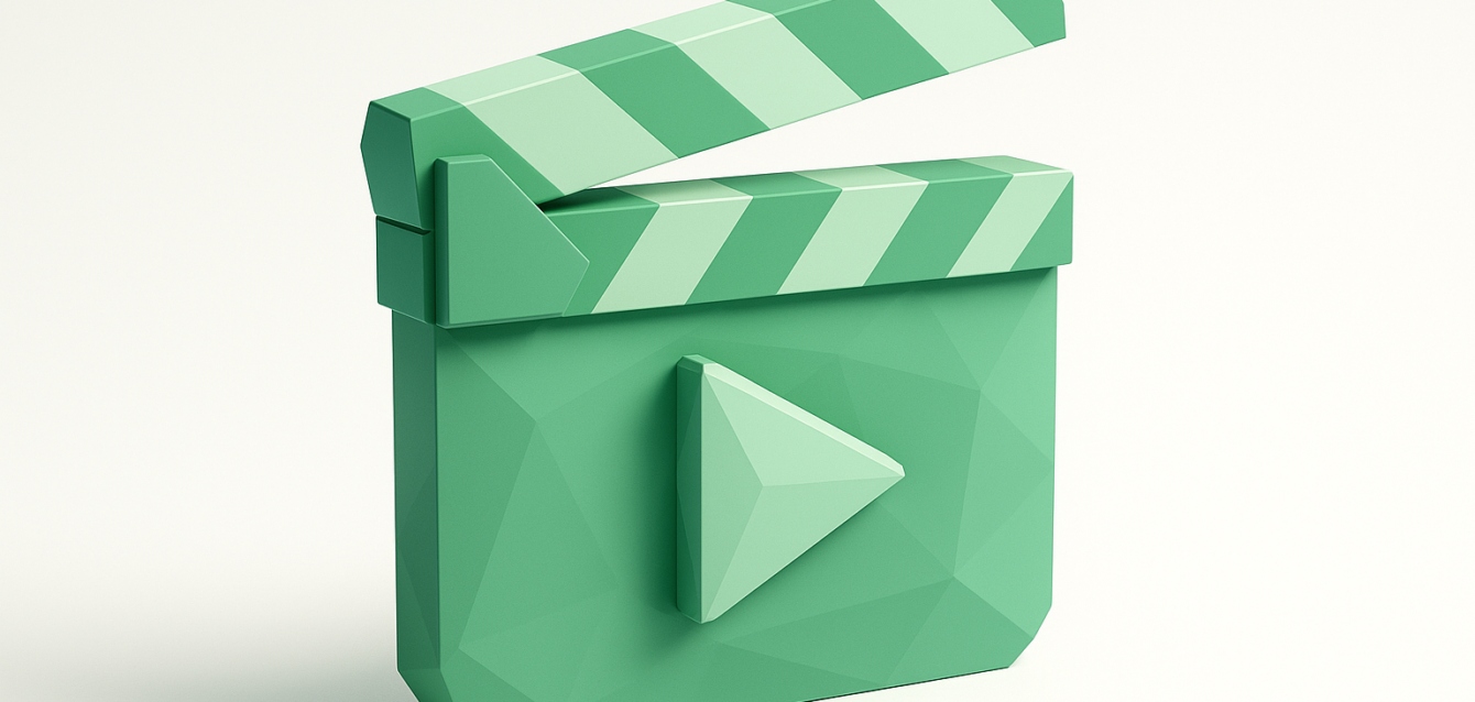 Green geometric 3D clapperboard with a play icon, symbolizing video automation tools and software for 2026
