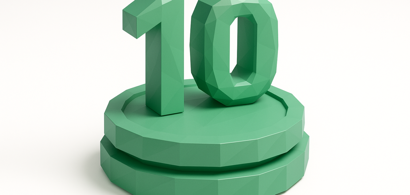 Top 10 Veo 3 Cheaper Alternatives (2026 Guide) — Green 3D ‘10’ Icon Green 3D number 10 on stacked coins representing the Top 10 Veo 3 cheaper alternatives (2026 guide) for budget action-camera options