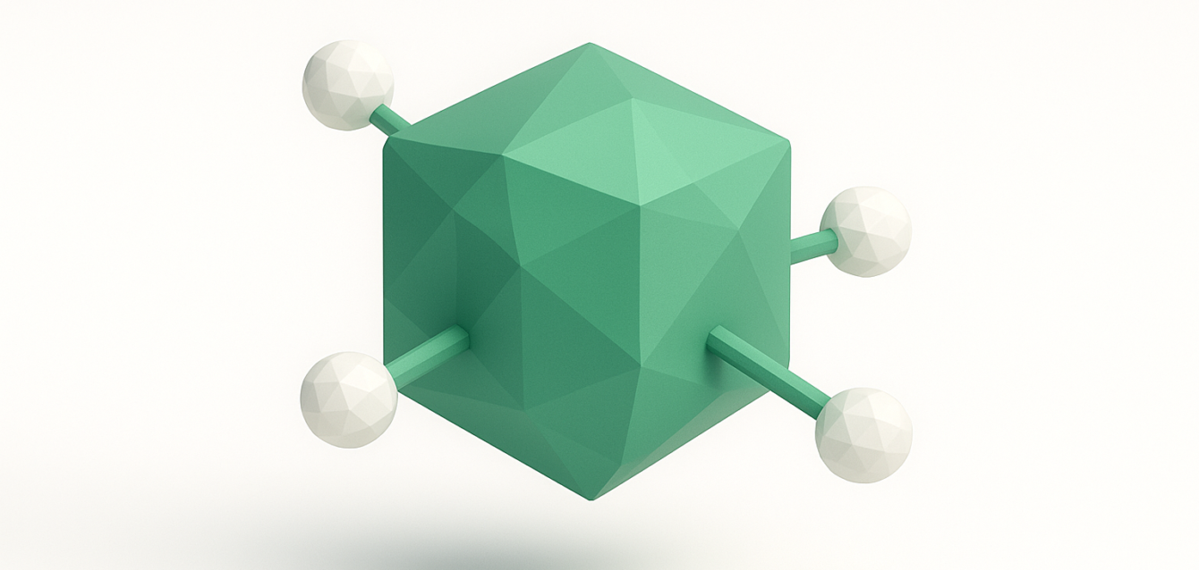 n8n Nodes Concept — Modular Workflow Node Architecture for CTOs 3D green geometric cube with four white spherical connectors on rods, abstract representation of n8n nodes and modular workflow integrations for CTOs