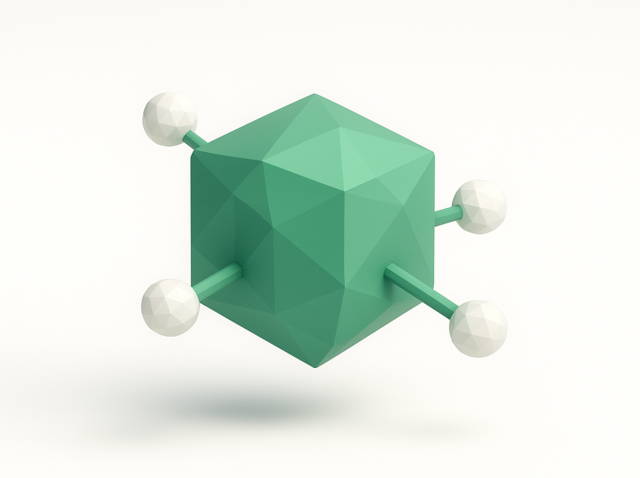 Çubuklar üzerinde dört beyaz küresel konektörlü 3B yeşil geometrik küp, n8n düğümlerinin soyut temsili ve CTO'lar için modüler iş akışı entegrasyonları