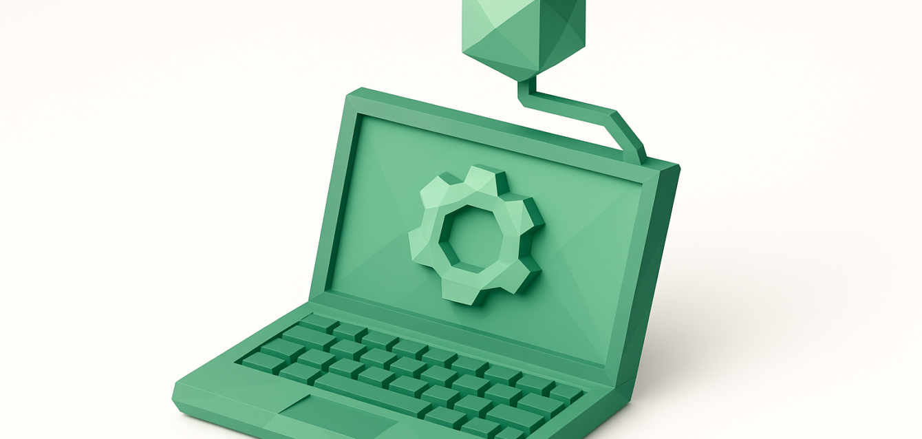 AI-Assisted Coding Concept — Laptop with AI Node (2026 Guide) Stylized green laptop with a gear icon on the screen connected to a geometric AI node, symbolizing AI-assisted coding and developer tools for a 2026 guide