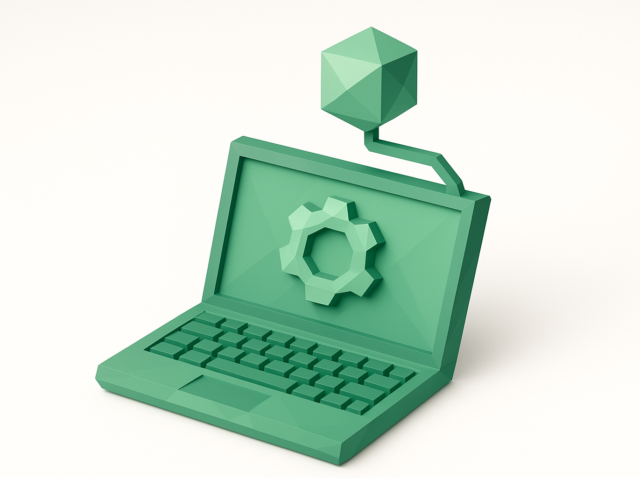 Stylized green laptop with a gear icon on the screen connected to a geometric AI node, symbolizing AI-assisted coding and developer tools for a 2026 guide