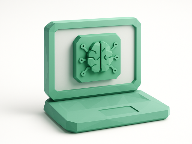 Minimal green 3D illustration of a laptop displaying a stylized brain-shaped chip icon representing an AI IDE and developer tools, for a practical 2026 guide on AI IDEs.
