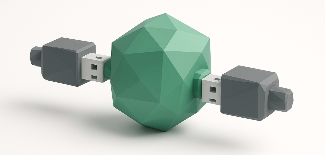 API Connector Illustration — 2026 Guide to API Integration 3D geometric hub with USB-like plugs connecting two modules, symbolizing an API connector enabling system integration and data exchange