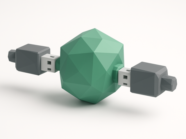İki modülü birbirine bağlayan USB benzeri fişlere sahip 3D geometrik hub, sistem entegrasyonu ve veri alışverişi sağlayan bir API konektörünü simgeliyor