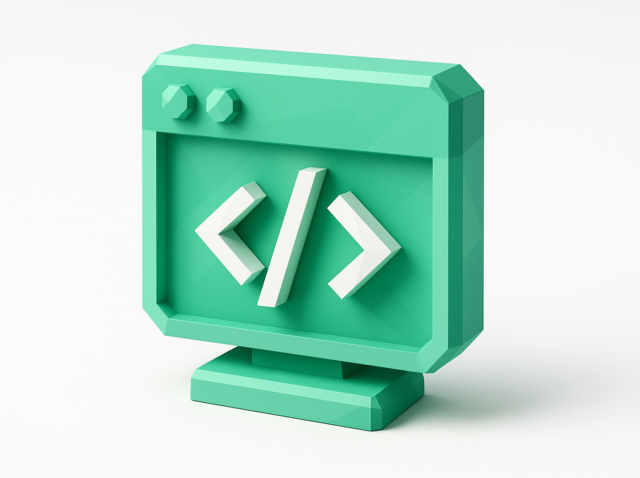 Beyaz açılı parantez kod sembollerini () gösteren 3D nane yeşili monitör simgesi, Cursor kod editörü ve programlama araçları için kavramsal illüstrasyon