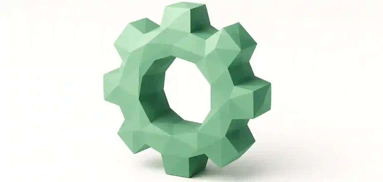 Mint Gear Illustration for Make.com Automation Guide 2026 Low-poly mint-green gear illustration on a white background representing automation, workflows, and integrations for Make.com — 2026 guide