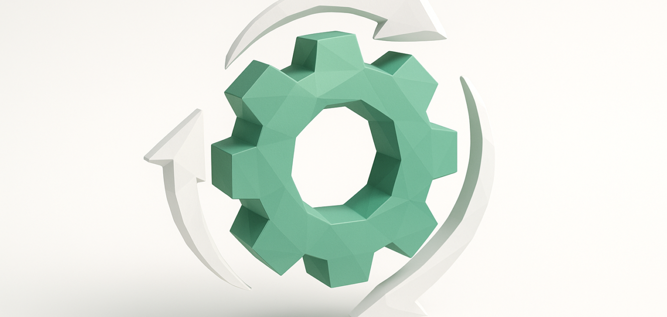 Workflow Automation 2026 Guide — Gear and Circular Arrows Concept 3D mint-green gear with three white curved arrows forming a loop, symbolizing workflow automation and continuous process optimization for a 2026 guide