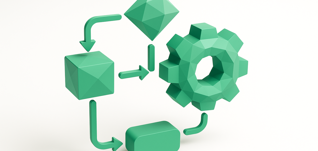 n8n vs Make.com - Workflow Automation Concept for Choosing n8n 3D green low-poly workflow diagram with cubes, arrows and a gear illustrating automation and integrations — conceptual image for choosing n8n over Make.com