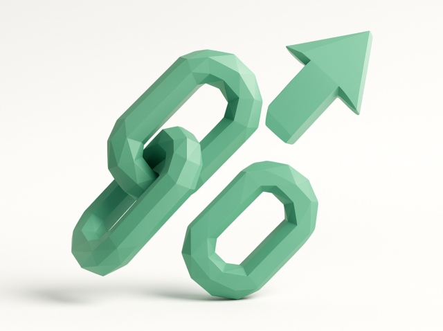 Green 3D chain links and upward arrow representing integrations and automation, illustrating choosing n8n over Make.com for scalable, customizable workflows