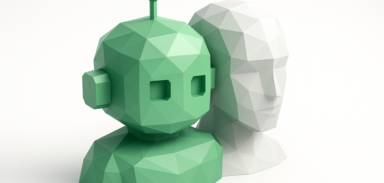 AI vs Junior Developers 2026 - Low-Poly Robot and Human Bust Low-poly green robot bust beside a low-poly white human head, symbolizing AI versus junior developers and the question of whether AI will replace junior developers in 2026