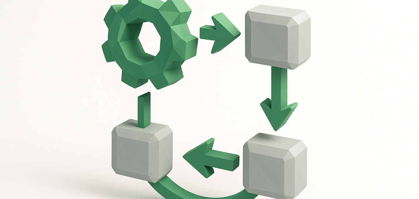 Açık Kaynak İş Akışı Otomasyon Şeması - CTO Guide 2026 2026'da CTO'lar için açık kaynaklı iş akışı otomasyonu ve orkestrasyonunu simgeleyen yeşil bir dişli ve dairesel bir iş akışı oluşturan oklarla bağlı blokların 3D çizimi