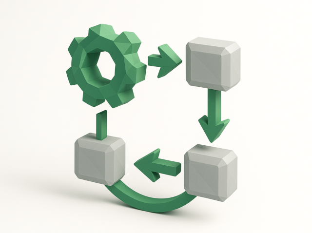 3D illustration of a green gear and connected blocks with arrows forming a circular workflow, symbolizing open source workflow automation and orchestration for CTOs in 2026