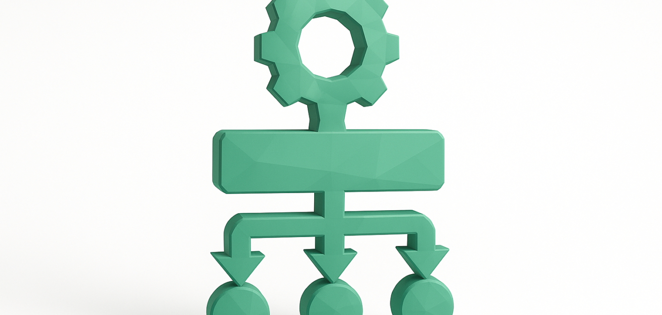 Teal 3D icon of a gear above a formatter block branching into three arrows and circles, representing Zapier formatter steps and an automated data-cleaning workflow